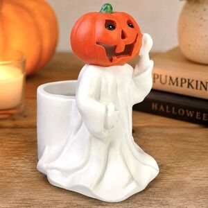 New Holland Floral Pumpkin Head Ghost Halloween Ceramic Planter Jack O Lantern